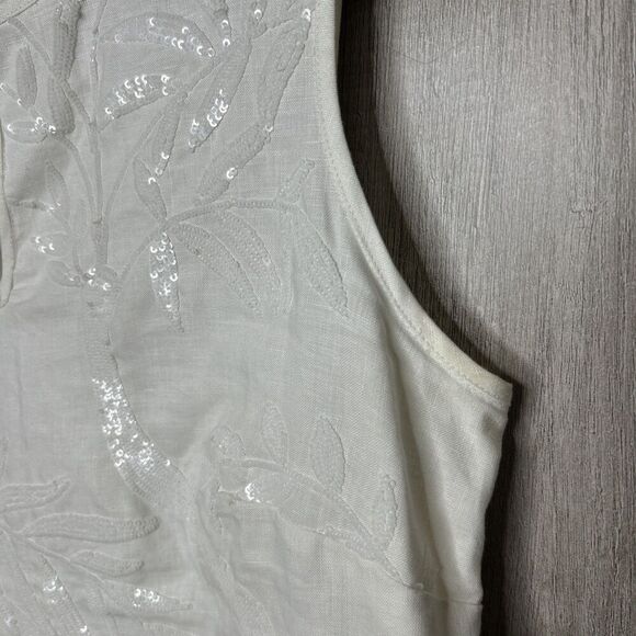 Talbots Sleeveless Top Linen Sequins Tropical Size Zip White Color Sz 10 - Picture 8 of 9